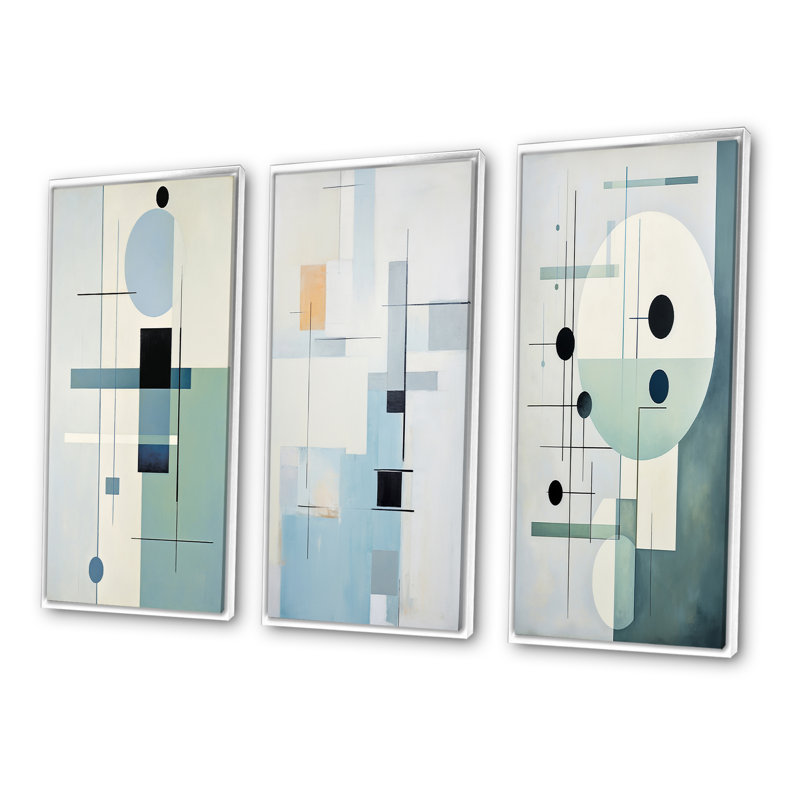 «Beige, sarcelle, suprématisme, harmonies spatiales», 3 pièces sur toile, H 20 po x l 36 po, Cadre blanc