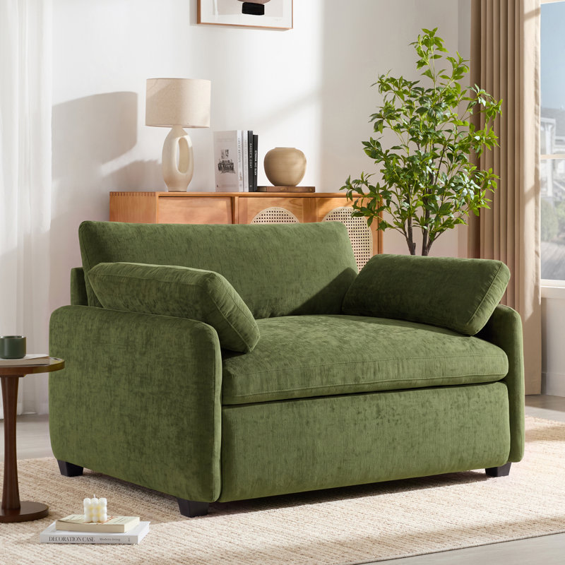 Fauteuil canapé minimaliste surdimensionné Arden en chenille avec assise large et profonde et soutien rembourré, Green
