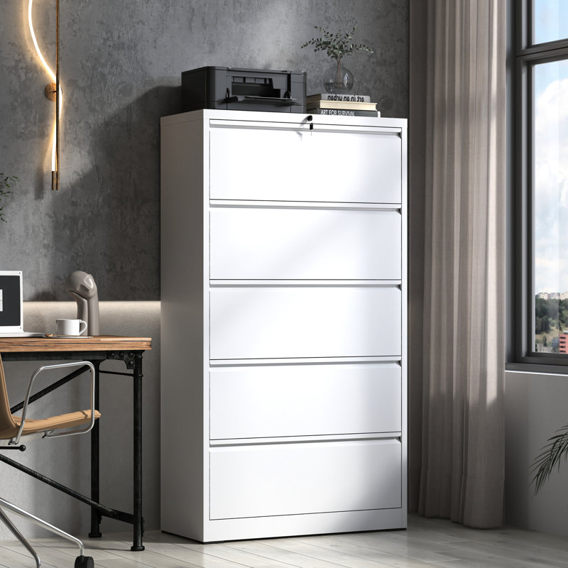 Classeur à 5 tiroirs en métal blanc, armoire verrouillable pour espace de bureau moderne