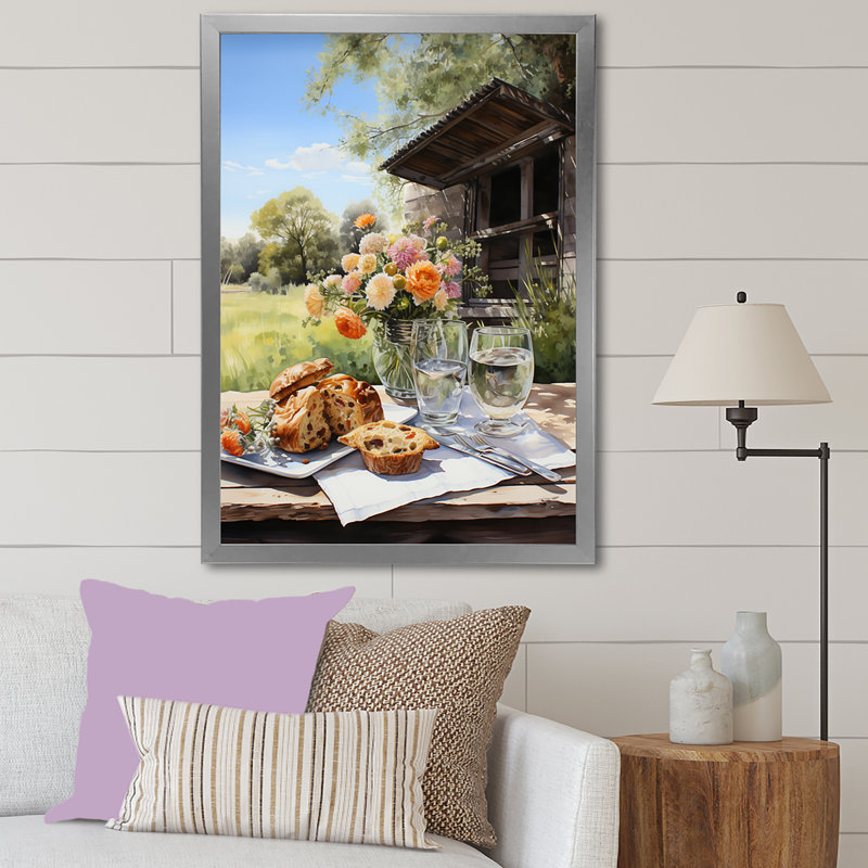 «Farmhouse Picnic Harmony» sur toile, Cadre simple argenté, H 32 po x l 16 po x P 1 po