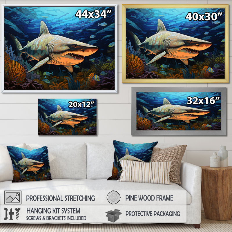 " Bull Shark Depths Photography I ", Gold Single Picture Framed, 12" H x 20" W x 1" D