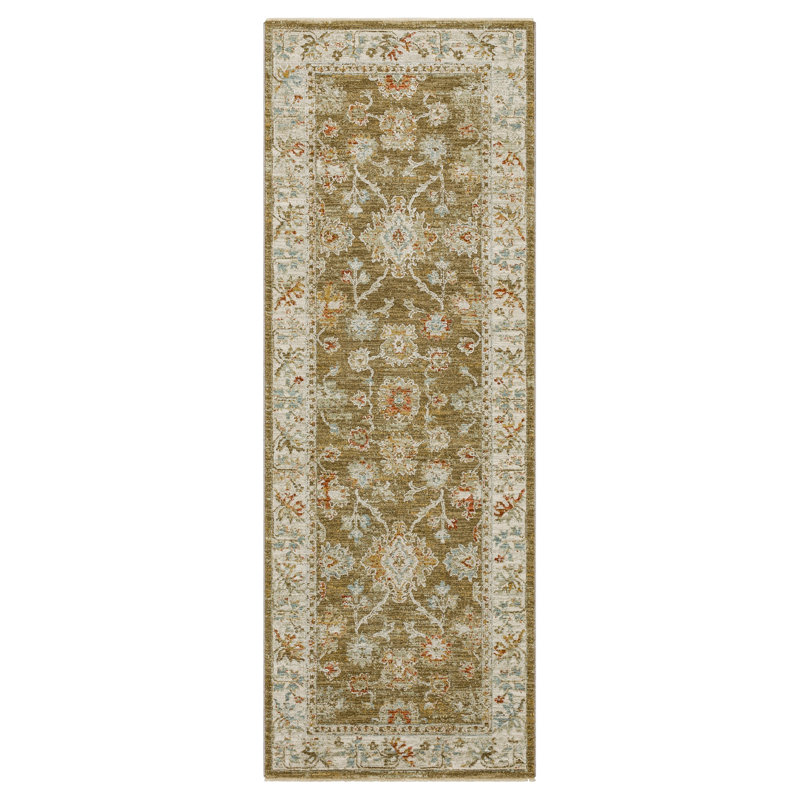Tapis ivoire / vert tissé Iznik, Tapis de couloir 2 pi 7 po x 7 pi 3 po