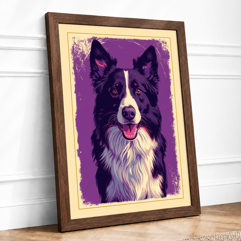 Cheerful Collie Modern - Framed Print, A2 - 59.4 x 42.0 cm, Walnut