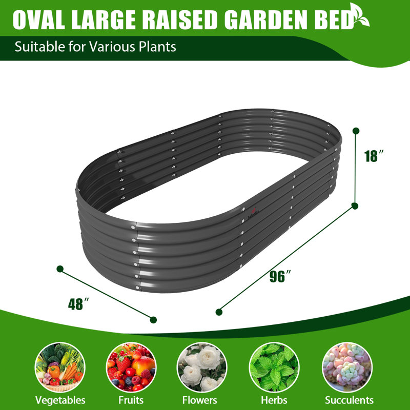 Ensemble de 3 boîtes à fleurs surélevées ovales en métal gris pour jardin avec plantes et légumes (L 96 po x l 48 po x H 18 po)