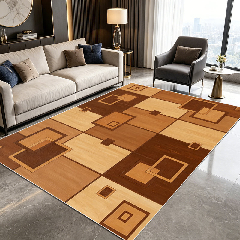 1PC Geometric Brown Square Block Mid-Century Modern area rugs for Living Room, Soft and Comfortable, Suitable for all seasons, easy-to-maintain, machine washable Indoor floor mat, Under Table Farmhouse suitable for dining room, bedroom, entryway,