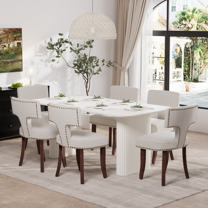 Ensemble de salle à manger rectangulaire en bois avec chaise rembourrée, Beige, 7, Blanc