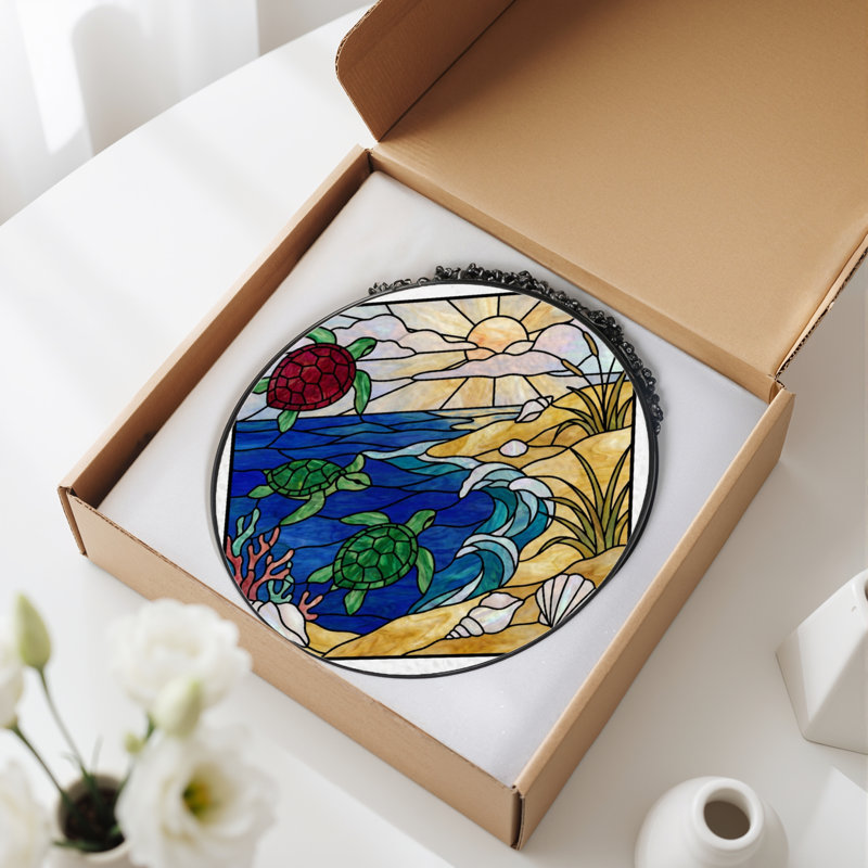 7.8"H Sea Turtle Stained Glass Window Panel