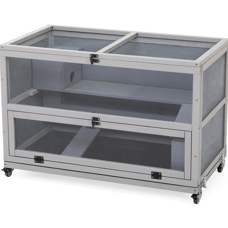 Cage à hamster en gris, plateau en bois avec plateau amovible, roulettes, plateau et façade ouverts, tunnel d'escalade équipé pour les tunnels gris d'activité et à l'avant - Rats de souris pour petits animaux idéaux, niveaux multiples