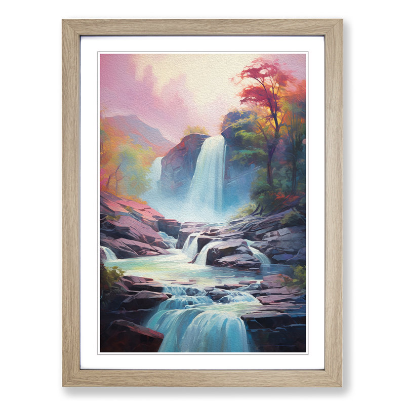 XYZ-FRM-V1223-6433 Waterfall Impressionism - Single Picture Frame Print on Wood, 46cm H x 34cm W x 2cm D, Oak 