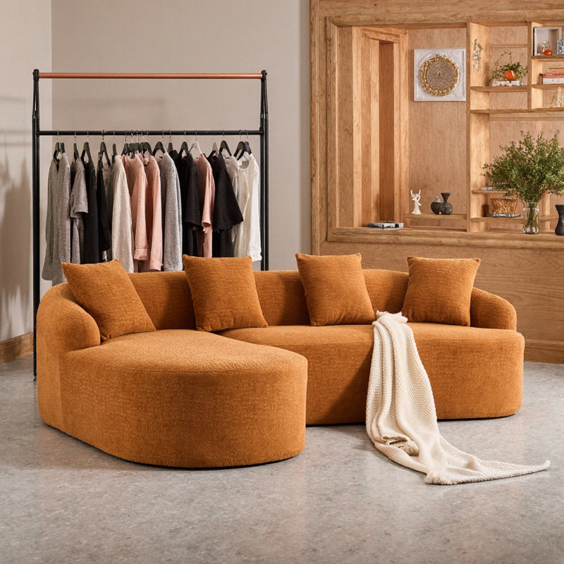 Canapé modulaire en L orange avec méridienne incurvée en chenille orange, confort luxueux pour la vie moderne