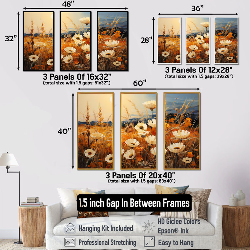 Radiant Golden Blooming Meadow - ensemble d'art mural fleur, H 40 po x l 60 po x P 1 po, Cadre naturel flottant