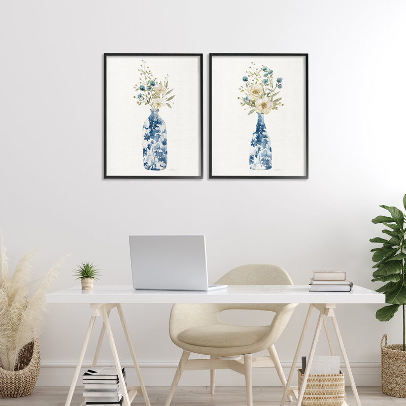 Ensemble de 2 giclées encadrées chinoises bouquets blancs, design par Carol Robinson, Giclée encadrée noir minuit