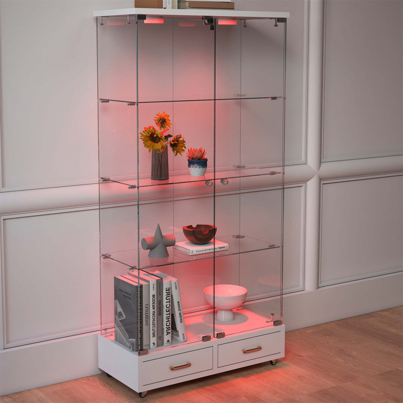 Modern Glass Display Cabinet With LED Lights, 2 Large Drawers, And 4 Shelves For Elegant Storage And Display, White