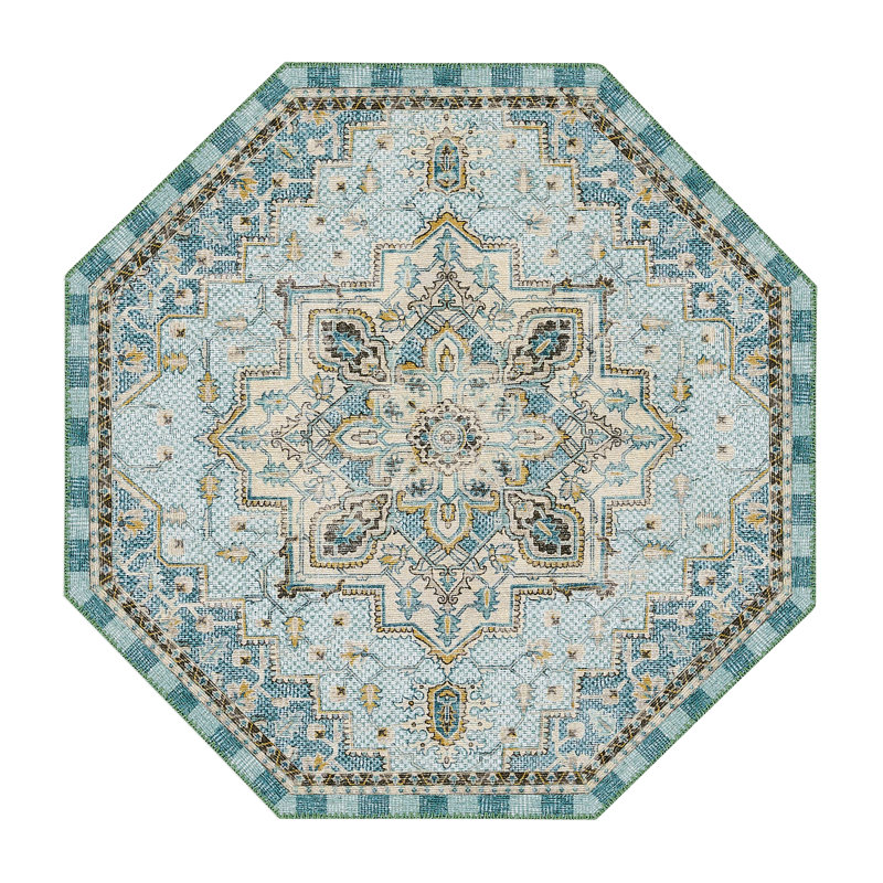Heriz Checked Aqua Washable Rug, Octagon 6'