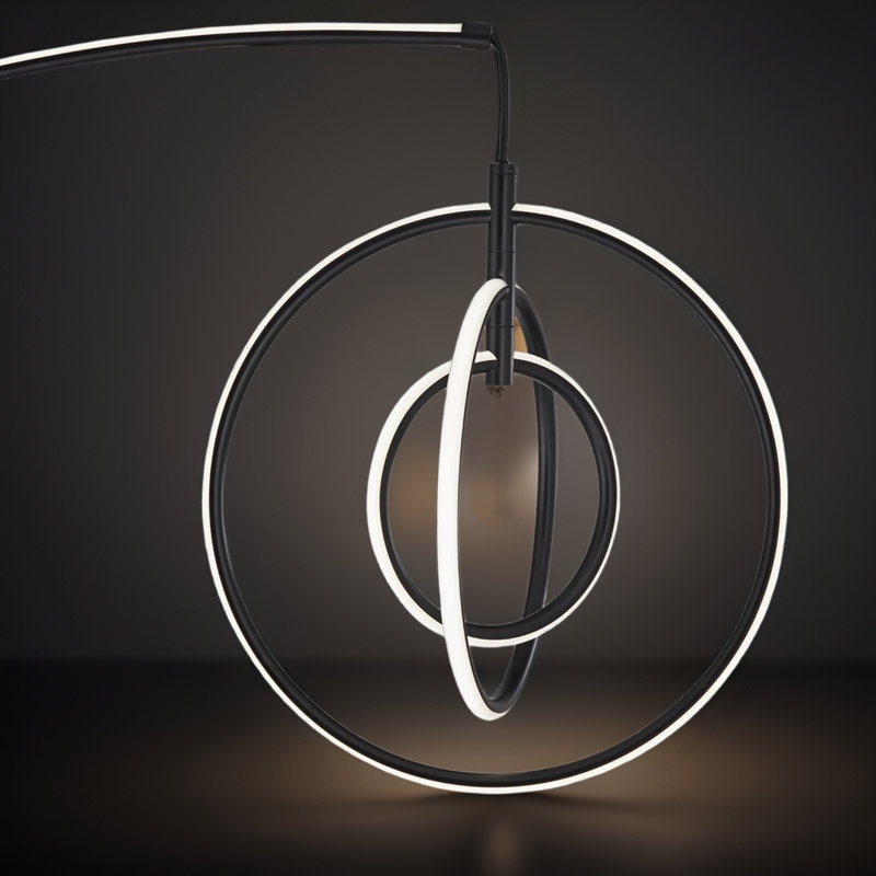 Modern Arc Floor Lamp With Adjustable LED Light Rings - Matte Black Metal Construction For Living Room, Bedroom, Or Office