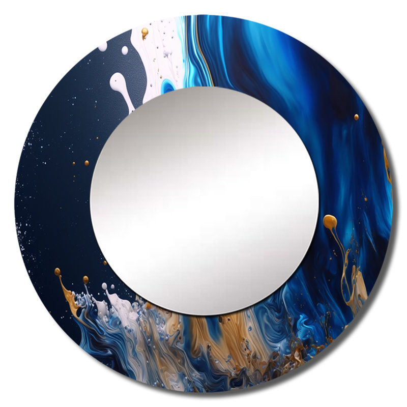 Raiko Ice Paint Splash I - Abstract Spirals Decorative Mirror, Blue Round Wall Mirror, Printed Metal Art, 29" x 29"