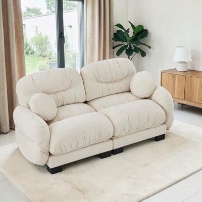Geneveve Pleated Design Cozy Chenille Fabric 2 Seater Modular Sofa With High-Density Foam Seat,Curved Round Armrests And 2 Round Pillows
