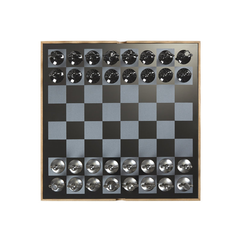 Natural Ashwood and Metal Modern Chess Set with Silver and Black Pieces