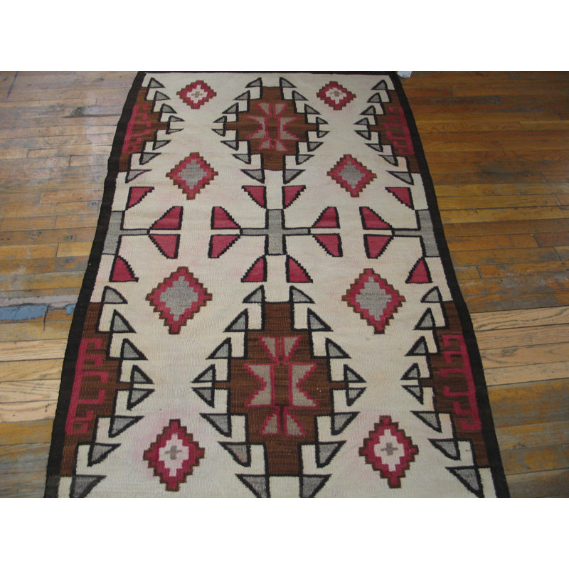 Antique Native American Tribal Geometric Patterned Flat Weave Navajo Area Rug