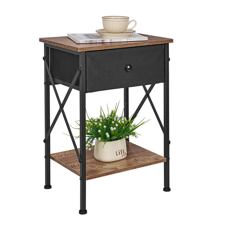 Fabric Drawer Nightstand With Open Shelf, Small Bedside Table For Bedroom, Living Room Or Dorm, Natural/Black