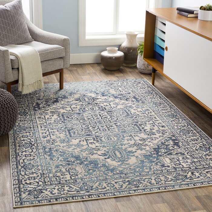 Bungalow Rose Woosley Performance Denim/Cream Rug & Reviews | Wayfair