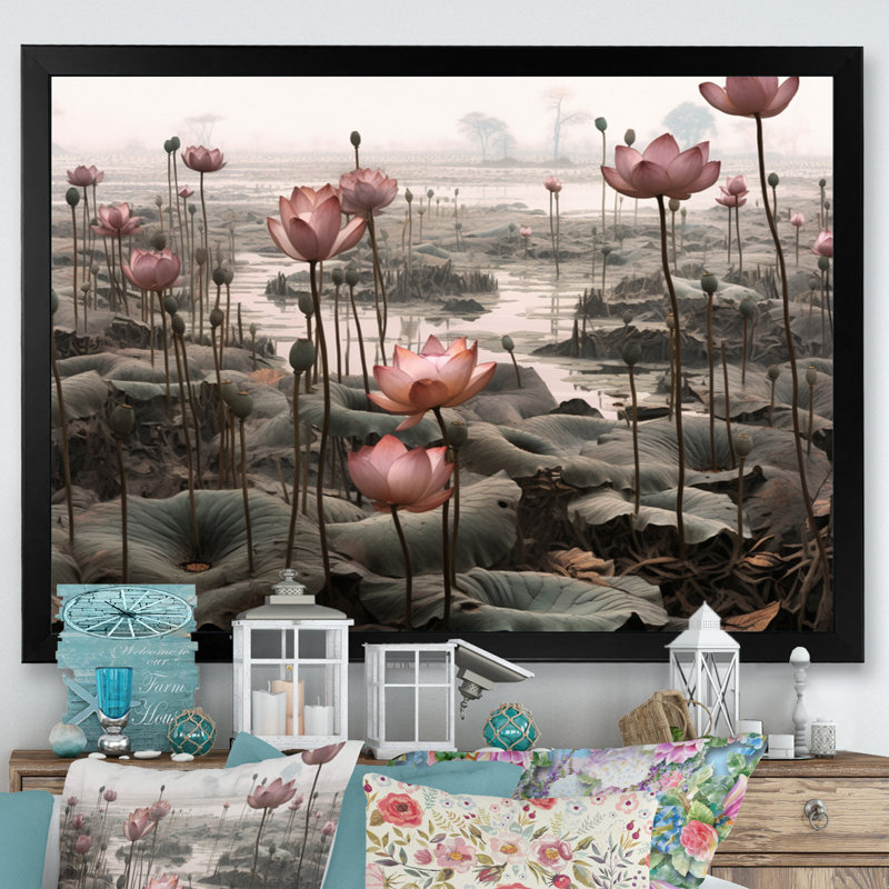 «Grey Pink Lotus Pond» sur toile par John Audubon, H 24 po x l 32 po x P 1 po, Cadre photo noir
