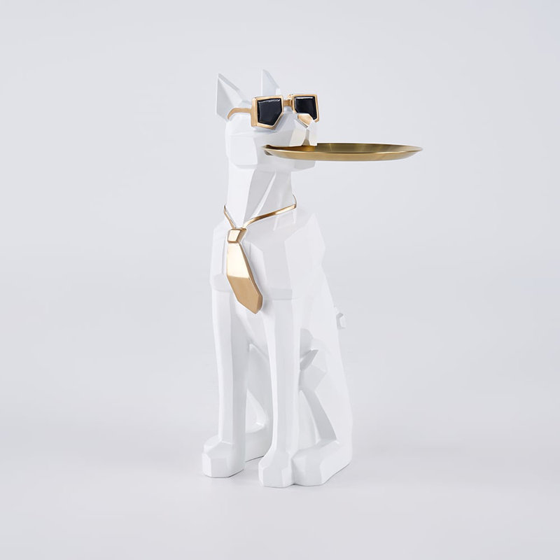 Modern Resin Dog Sculpture Cute End Table Side Table with Metal Storage Tray Tissue Box, White