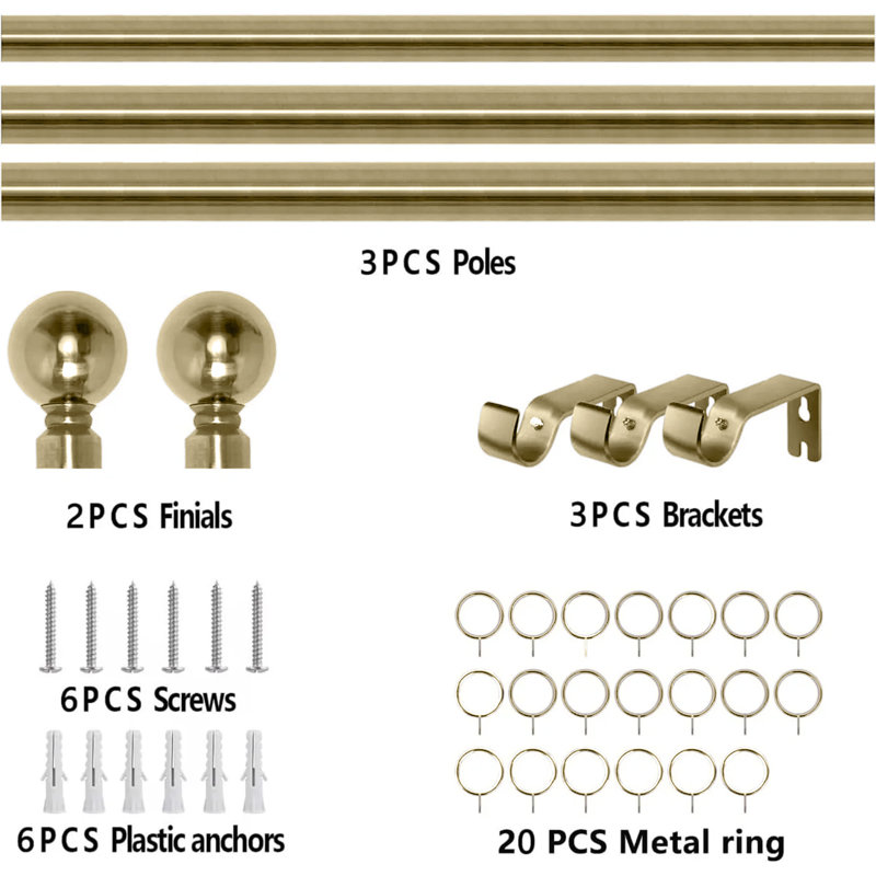 Adjustable Plain Metal Ball Curtain Rod, 120-210 cm, Antique Brass