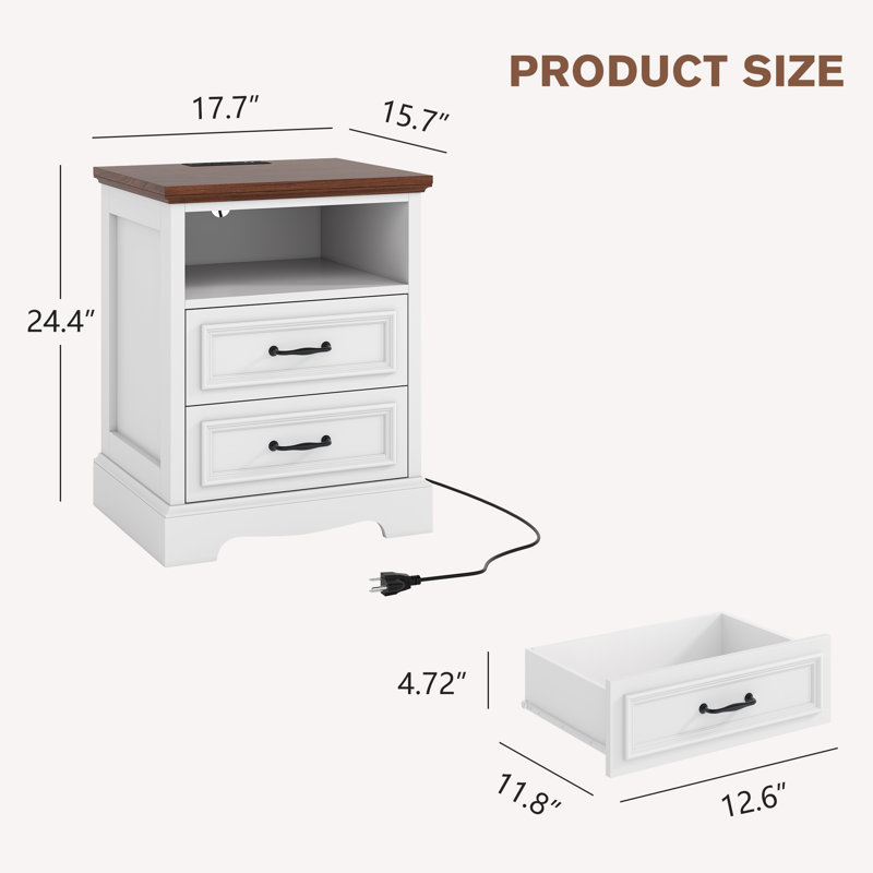 Farmhouse Nightstand Set of 2 with Charging Station, Bedside Table with 2 Drawers for Bedroom Modern End Table Storage Cabinet,Wood Small Dresser Drawer Chest for Small Place