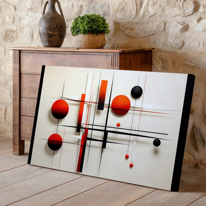 La toile crée une composition abstraite mettant en vedette un arrangement dynamique de formes d'art géométriques murales incluant de grands cercles dans une toile vibrante