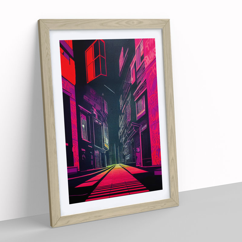 Neon City Architecture - Framed Print, 34cm H x 25cm W x 2cm D, Oak