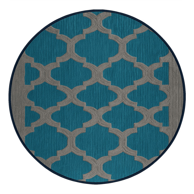 Machine Washable Trellis Blue Area Rug, Round 6'