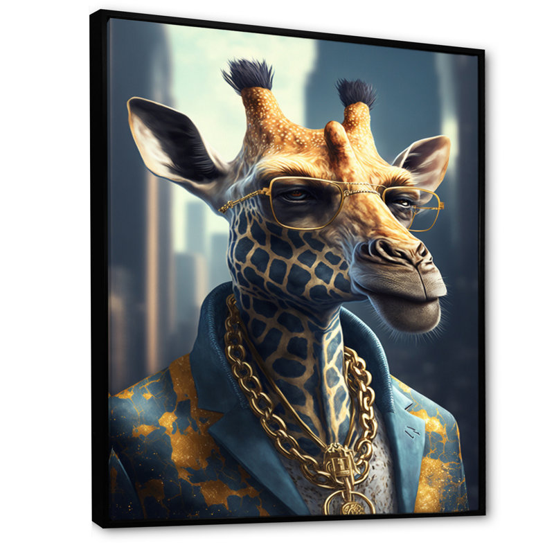 Girafe Ganster - Impression sur toile, H 32 po x l 24 po x P 1 po, Toile avec cadre flottant noir