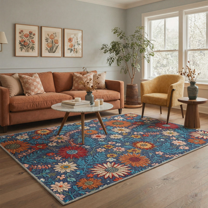 Aura Floral Machine Washable Blue / Red / Orange Indoor Area Rug with Non-Slip Backing, Rectangle 8' x 10'