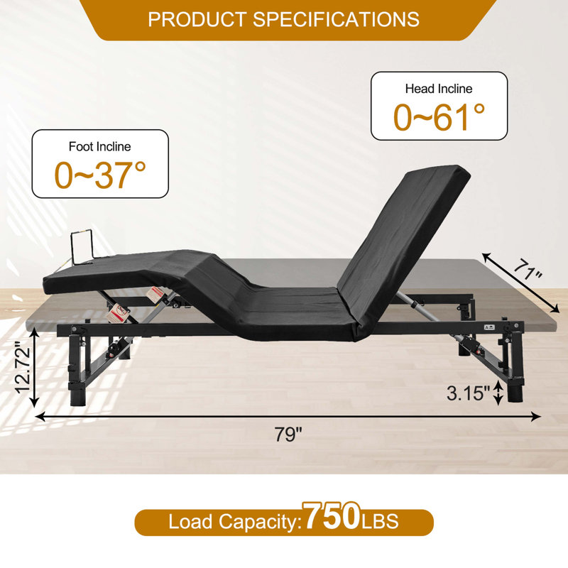 Adjustable Bed Base Frame Head and Foot Incline Quiet Motor King Size Zero Gravity, 4 Ports USB