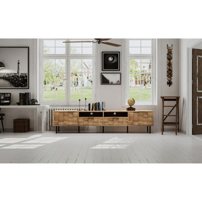 Meuble télé 78,7 po avec 2 tiroirs de style Mid-Century de 78,7 po, pouvant accueillir un téléviseur de 80 po, rangement pour centre de divertissement, style rétro, trous pour câbles, look média idéal pour les médias, planches 85 85