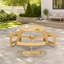 Table de pique-nique d'extérieur ronde avec bancs intégrés et trou pour parasol, idéale pour les repas sur la terrasse du jardin.