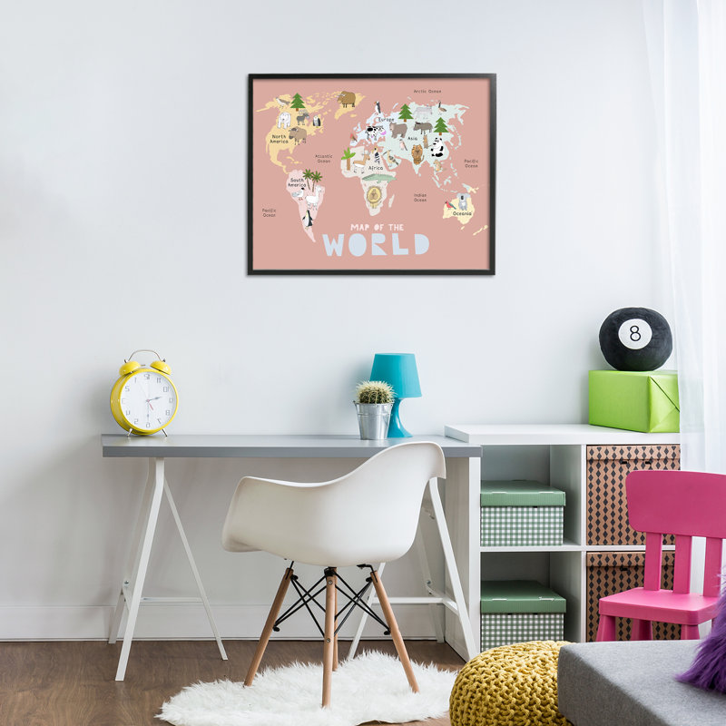 «Kid's Map of World», giclée rose encadrée, par Carla Daly, H 16 po x l 20 po, Giclée encadrée noir minuit