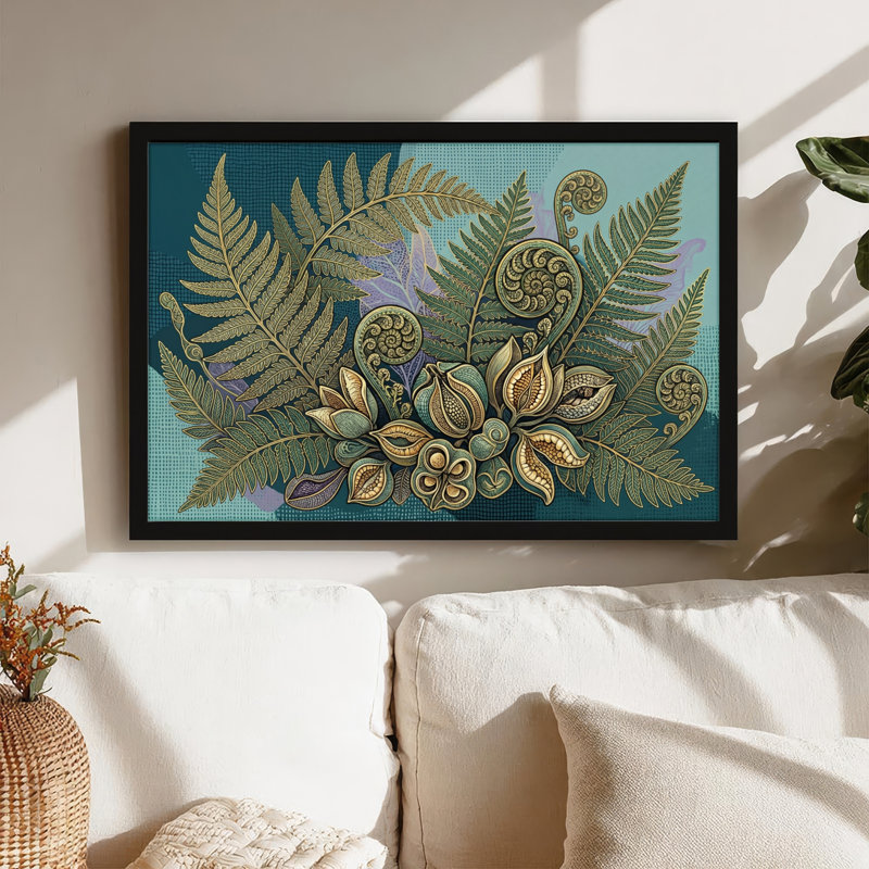 Toile noire encadrée en bois noir pour le salon, la chambre à coucher, le bureau ou le vestibule - décoration murale décorative avec fougère