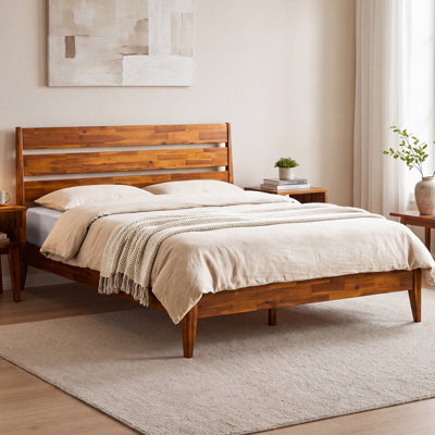 Base de lit plateforme en bois massif Acacia Premium Emery avec tête de lit incluse, aucun sommier requis, capacité de poids de 800 lb.