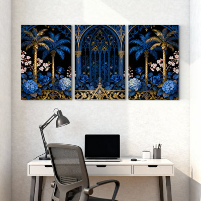 Plantes et fleurs, ensemble de 3 reproductions d'art sur toiles bleues