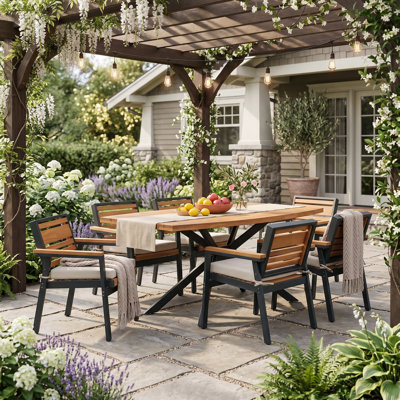 7-Piece Acacia Wood Patio Dining Set, Outdoor Dining Table Set with Dual-Layer Iron, Patio Furniture Set for Backyard, Deck, Poolside