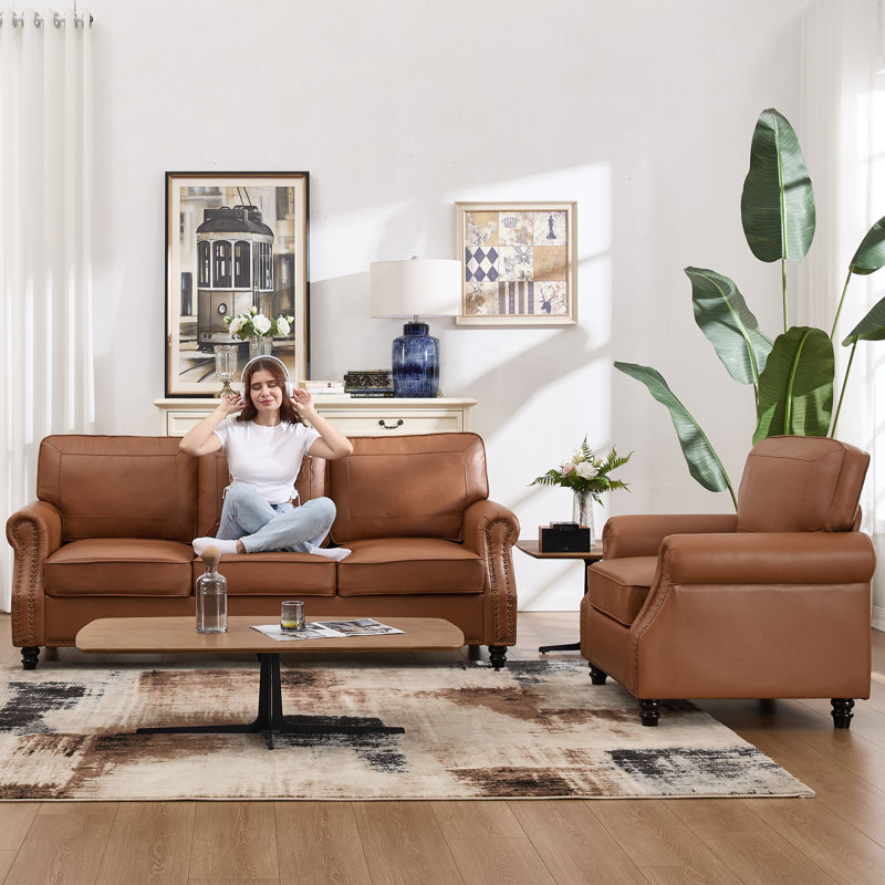 Ensemble de salon 2 pièces avec canapé en similicuir et fauteuil, Brun