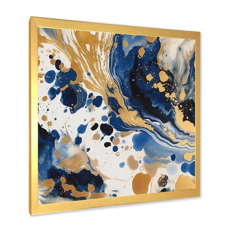 Motif abstrait avec motif en X bleu et doré, H 16 po x l 16 po x P 1 po, Cadre doré à une seule photo