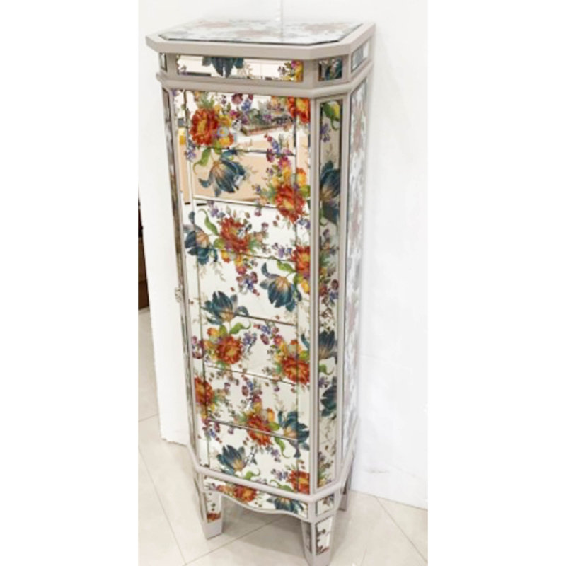 Floral Patterned Standing Jewelry Armoire with Mirror