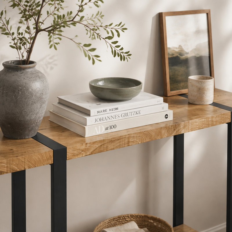 Table d'appoint, console, vestibule, étroit, canapé, salon, chambre à coucher, stratifié aspect bois de manguier, métal noir, contemporain, moderne