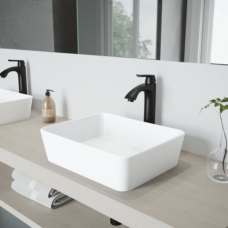 Marigold 18" L x 14" W x 5" H Rectangular White Matte Stone Vessel Bathroom Sink with 12" H Faucet, Matte Black