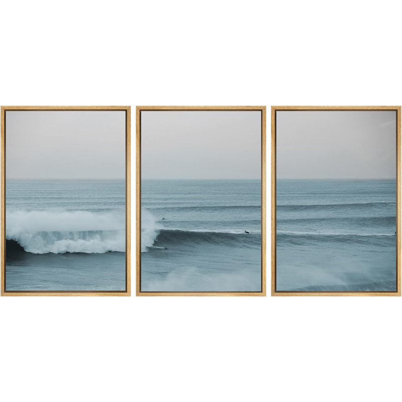 Coastal Beach "Surfing Rush Ocean Waves Artwork, Nautical Modern Beachy Decor Wall Pictures, Framed Canvas Giclée Print 3 Pieces Wall Art" 16"x24"x3 pcs, 24"x36"x3 pcs
