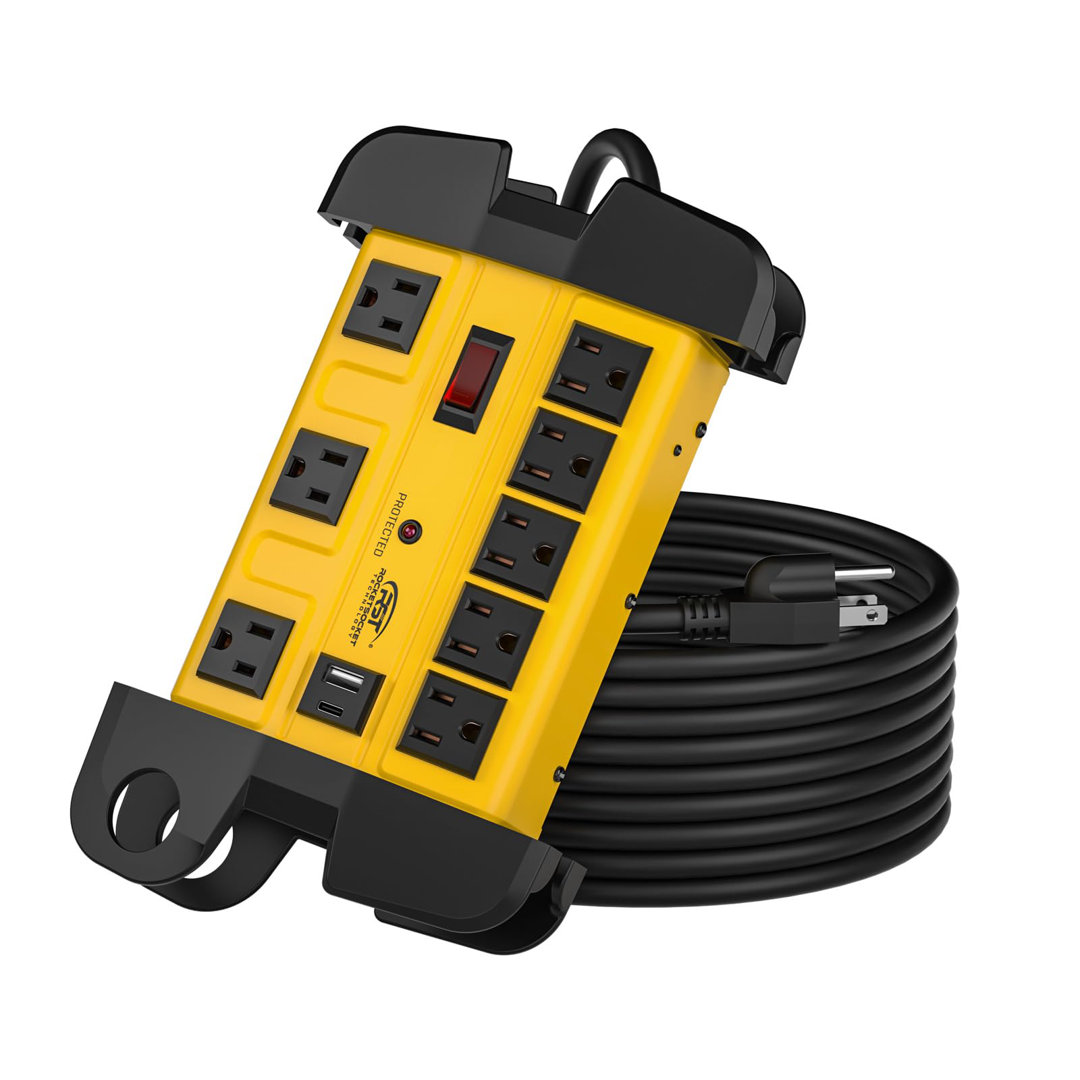 CRST Heavy Duty Surge Protector Power Strip with USB-C Ports, 8-Outlet Metal Industrial Power Block with 15ft Long Extension Cord CRST