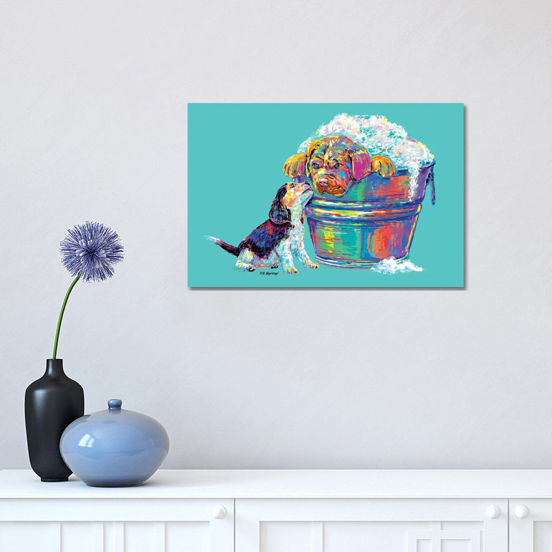 Couple Tub in Aqua par P.D. Moreno - peinture sur toile tendue, H 12 po x l 18 po x 1,5 po
